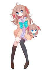  1girl absurdres ahoge animal_ears aqua_bow aqua_bowtie asymmetrical_legwear bandaid bandaid_on_knee bandaid_on_leg black_shoes black_socks black_thighhighs blue_eyes blue_sailor_collar blue_skirt bow bowtie brown_hair brown_shoes cardigan closed_mouth commentary_request full_body fumo_(doll) hair_between_eyes hair_ornament hair_ribbon heart heart_hair_ornament highres long_hair long_sleeves looking_at_viewer miniskirt neuro-sama pleated_skirt red_ribbon ribbon sailor_collar shoes simple_background single_sock single_thighhigh sitting skirt socks solo tail tail_bow tail_ornament thigh-highs two_side_up uneven_legwear user_hmyv8473 vedal_ai virtual_youtuber white_background yellow_cardigan 