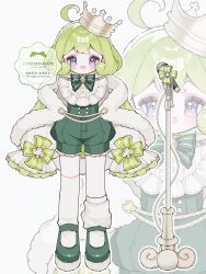  1girl :d ahoge asymmetrical_legwear blush bow bowtie cape commentary_request crown frilled_sleeves frills full_body fur-trimmed_cape fur_trim green_bow green_bowtie green_cape green_hair green_shoes green_shorts highres indie_virtual_youtuber long_sleeves looking_at_viewer microphone microphone_stand open_mouth roro_clover shirt shoes short_hair shorts simple_background single_sock single_thighhigh sleeve_bow sleeves_past_fingers sleeves_past_wrists smile socks solo standing striped_bow striped_bowtie striped_clothes thick_eyebrows thigh-highs uneven_legwear upache violet_eyes virtual_youtuber white_background white_shirt white_socks white_thighhighs zoom_layer 