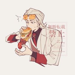  1boy black_shirt burger cheese collared_shirt cropped_torso eyewear_on_head food food_in_mouth fried_egg hair_slicked_back highres holding holding_food jacket lettuce light_blush male_focus medium_hair necktie omizu000_000 red_necktie shirt sliced_cheese solo suit suit_jacket sweatdrop to_be_hero to_be_hero_x tomato tomato_slice too_much_burger too_much_food twitter_username upper_body vest waistcoat white_hair white_jacket white_suit white_vest x_(to_be_hero_x) x_ornament 
