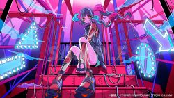  1girl arm_between_legs arrow_(symbol) black_sandals closed_mouth commentary earrings fingerless_gloves full_body gloves hair_between_eyes harusaruhi headphones headphones_around_neck highres jewelry kamitsubaki_studio kneehighs long_hair long_sleeves looking_at_viewer multicolored_hair nakazawa_ayami neon_sign orange_eyes sandals sitting sitting_on_stairs socks stairs twintails video_thumbnail virtual_youtuber 