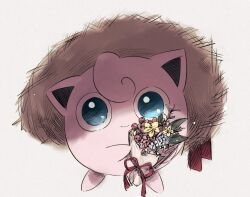 blue_eyes bouquet closed_mouth commentary_request hat highres holding jigglypuff looking_at_viewer no_humans pokemon pokemon_(creature) pokemon_focus red_ribbon ribbon smile solo straw_hat tsuki0425 