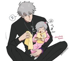  1boy 1girl :t baby bib black_shirt carrying carrying_baby carrying_person crossed_ankles eating english_text feet_out_of_frame ghostblade_(to_be_hero_x) grey_eyes grey_hair holding_rag jewelry necklace on_ground one_side_up parent_and_child rena_sen2024 rosary shirt short_hair smile sound_effects spoken_emoji to_be_hero to_be_hero_x translation_request wang_nuonuo 