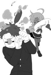  1boy 1girl ahoge angry ashtray buttons cigarette clenched_hands closed_eyes gakuran highres kogami_akira lucky_star monochrome neckerchief pantyhose pleated_skirt scared school_uniform shaded_face shiraishi_minoru shoes skirt sweat throwing user_xhvr3878 very_long_sleeves white_background 