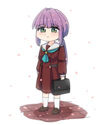  1girl blush breasts briefcase brown_dress brown_shoes closed_mouth commentary deformed dress falling_petals frown full_body green_eyes hasu_no_sora_school_uniform highres holding holding_briefcase link!_like!_love_live! loafers long_hair love_live! low_ponytail medium_breasts medium_dress official_alternate_hairstyle otomune_kozue petals pleated_dress ponytail purple_hair sailor_collar sailor_dress school_briefcase school_uniform sen_yousoro shoes sidelocks simple_background socks solo standing virtual_youtuber white_background white_sailor_collar white_socks winter_uniform 