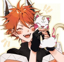  1boy animal_ears big_johnny_(to_be_hero_x) black_gloves black_shirt blush cat closed_eyes creature facial_mark fingerless_gloves gloves hair_between_eyes hako_(box) holding holding_creature horns little_johnny_(to_be_hero_x) male_focus open_mouth orange_hair shirt short_hair single_horn to_be_hero to_be_hero_x upper_body 
