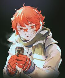  1boy asertr bandaid bandaid_on_face bandaid_on_nose black_background can coat collared_coat commentary crossed_bandaids double-parted_bangs earmuffs fukase green_scarf grey_coat hair_between_eyes hands_up heavy_breathing holding holding_can jitome long_sleeves looking_at_viewer lower_teeth_only male_focus mittens no_headwear open_mouth puffy_long_sleeves puffy_sleeves red_eyes red_hair red_mittens scarf short_hair simple_background solo starbucks teeth two-tone_scarf upper_body vocaloid white_scarf 
