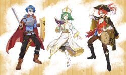  1girl 2boys :d black_boots black_hat black_pants black_pantyhose blue_hair blue_shirt book boots brown_boots brown_gloves brown_pants cape character_request circlet closed_eyes coin commentary_request copyright_request dress full_body gloves green_hair grey_skirt grin hair_intakes hat highres holding holding_book holding_shield holding_sword holding_weapon knee_boots lace-up_boots long_sleeves multiple_boys open_mouth pants pantyhose pirate_hat red_cape red_hair red_vest sack shield shinishi_chiho shirt short_hair skirt skirt_under_dress smile standing sword vest weapon white_boots white_dress white_hat white_shirt wide_sleeves 