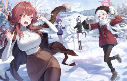  4girls absurdres alternate_costume aru_(blue_archive) backpack bag beanie black_boots black_dress black_hair black_horns black_jacket black_pantyhose blue_archive boots breasts brown_coat brown_eyes brown_pantyhose brown_skirt building_snowman character_snowman coat coat_on_shoulders commentary cropped_jacket day demon_horns demon_wings dress dripping_eye fence fur-trimmed_jacket fur-trimmed_sleeves fur_trim halo haruka_(blue_archive) hat highres holding holding_snowball horns jacket jewelry kayoko_(blue_archive) large_breasts long_hair motion_blur mountainous_horizon multicolored_hair multiple_girls mutsuki_(blue_archive) necklace okkimon one_eye_closed open_mouth orange_halo outdoors panicking pantyhose pink_halo pointy_ears ponytail purple_hair purple_halo purple_jacket red_eyes red_jacket ring ring_necklace scarf shirt single_tear single_wing skirt smile snow snowball snowball_fight tree turtleneck turtleneck_shirt two-tone_hair violet_eyes white_hair white_halo white_scarf white_shirt wide_hips wings winter 