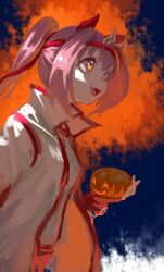  1girl animal_ears bow ear_bow ear_covers fingerless_gloves flower-shaped_pupils flower_in_eye gloves hairband haru_urara_(bestest_prize)_(umamusume) haru_urara_(umamusume) headband highres holding holding_pumpkin horse_ears horse_girl inishie_kumo jacket long_hair open_mouth pink_eyes pink_hair pink_headband ponytail pumpkin red_gloves red_headband shirt smile solo symbol-shaped_pupils symbol_in_eye umamusume white_jacket white_shirt 