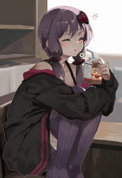  1girl bare_shoulders bendy_straw black_jacket blush chair closed_eyes collarbone commentary_request dress drinking_straw feet_out_of_frame hair_ornament highres holding hood hood_down hooded_jacket hugging_own_legs jacket lamb_(hitsujiniku) no_shoes off_shoulder on_chair open_clothes open_jacket parted_lips purple_dress purple_hair purple_thighhighs ribbed_thighhighs sleeveless sleeveless_dress solo squatting thigh-highs vocaloid voiceroid yuzuki_yukari 