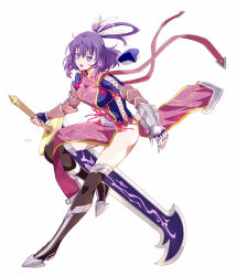  1girl ao_no_kiseki arm_guards armor armored_boots artist_name black_socks bob_cut boots breasts china_dress chinese_clothes clothes_lift double-parted_bangs dress dress_lift eiyuu_densetsu floating_hair full_body hair_between_eyes hair_ribbon hair_rings highres holding holding_sword holding_weapon huge_weapon large_breasts looking_at_viewer open_mouth over-kneehighs pauldrons purple_hair ribbon rixia_mao short_hair shoulder_armor simple_background single_pauldron socks solo sword tachi-e thigh-highs thighs violet_eyes weapon white_background xiacheng_tatsuya zero_no_kiseki 