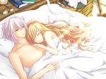  1boy 1girl bed blonde_hair book broom couple glasses glasses_removed hand_on_another&#039;s_chest hand_on_another&#039;s_head hat hat_removed headwear_removed kirisame_marisa long_hair morichika_rinnosuke short_hair sleeping sunlight tagme touhou under_covers white_hair witch_hat 