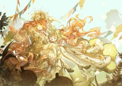  1girl absurdres animal anklet bead_anklet beads blue_sky blunt_bangs bow bowler_hat bowtie brooch brown_bow brown_bowtie brown_hair butterfly_hat_ornament cat center_frills cloak clothed_animal clouds commentary day dress dress_flower ear_covers earrings ears_through_headwear english_commentary eyelashes floral_print flower flower_earrings frilled_dress frilled_sleeves frills full_body garland_(decoration) green_bow green_cloak green_dress green_eyes green_hat green_scrunchie green_shoes hair_flower hair_ornament hair_scrunchie happy hat hat_flower hat_ornament head_tilt high_heels highres holding holding_magnifying_glass hood hood_up hooded_cloak infinity_nikki jewelry lace-trimmed_headwear lace_trim layered_sleeves lipstick long_dress long_hair long_sleeves looking_at_viewer low_twintails magnifying_glass makeup making-of_available momo_(nikki) nikki_(series) off-shoulder_dress off_shoulder official_alternate_costume open_mouth outdoors pantyhose pink_lips pluvioseprince print_dress print_pantyhose pumpkin rainfall_&amp;_blossoms_(infinity_nikki) rose scrunchie shoes short_over_long_sleeves short_sleeves sitting sky sleeve_bow smile stiletto_heels striped_bow striped_bowtie striped_clothes teeth twintails very_long_hair wavy_hair wheat white_cat white_flower white_pantyhose white_rose witch witch_hat yellow_flower 