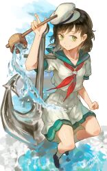  1girl absurdres anchor anchor_symbol black_hair black_shoes collared_shirt dated full_body green_eyes hat highres holding holding_ladle hua_ha_jiazi ladle looking_at_viewer medium_hair murasa_minamitsu neckerchief pants red_neckerchief sailor_collar shirt shoes short_sleeves sideways_hat smile socks solo touhou water white_background white_hat white_pants white_shirt white_socks 
