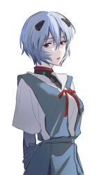  1girl arm_at_side arms_behind_back ayanami_rei black_bodysuit blue_hair blue_skirt bodysuit bodysuit_under_clothes bow bowtie breasts cowboy_shot dress_shirt expressionless eyelashes hair_between_eyes hand_on_own_arm highres holding_own_arm interface_headset_(evangelion) layered_sleeves long_sleeves looking_at_viewer looking_to_the_side mecha_pilot_suit medium_breasts neck_ribbon neon_genesis_evangelion pale_skin parted_lips paupauuu_u plugsuit_(evangelion) red_bow red_bowtie red_eyes red_ribbon ribbon school_uniform shirt short_hair short_sleeves simple_background skirt solo standing suspender_skirt suspenders tokyo-3_middle_school_uniform white_background white_shirt 
