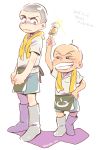  2boys alternate_costume apron bald blue_shorts boots chibita constricted_pupils dated facial_mark grin height_difference highres karamatsu looking_at_another looking_down male_focus mosodon multiple_boys oden osomatsu-kun osomatsu-san shaded_face shaved_head shorts simple_background smile sweat towel towel_around_neck twitter_username waist_apron whisker_markings white_background 