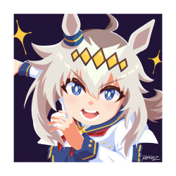  1girl absurdres ahoge animal_ears blue_eyes blue_sailor_collar blue_skirt blush brooch diamond_hairband ear_ornament grey_hair hair_between_eyes hairband highres horse_ears horse_girl jacket jewelry long_hair long_sleeves looking_at_viewer multicolored_hair neckerchief oguri_cap_(starlight_beat)_(umamusume) oguri_cap_(umamusume) open_mouth rahibizzz red_neckerchief sailor_collar shirt simple_background skirt solo star_(symbol) star_brooch teeth umamusume white_jacket white_shirt 