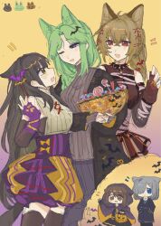  5girls :d ahoge animal_ears animalization assault_lily bat_(animal) bat_hair_ornament black_capelet black_coat black_collar black_dress black_hair black_thighhighs blue_eyes bow breasts brown_eyes brown_gloves brown_hair brown_shirt brown_skirt brown_sweater candy capelet cat cat_ears cat_tail chibi closed_mouth coat collar commentary cowboy_shot cross-laced_clothes cross-laced_top crossed_bangs detached_sleeves dog_ears dress eye_contact fingerless_gloves food gatti_love gloves gradient_background green_hair grey_hair grey_skirt hair_ornament hair_over_one_eye halloween halloween_bucket halloween_costume hand_up hands_in_pockets hands_up head_only height_difference highres hood hooded_capelet karasawa_aisa kemonomimi_mode kondou_misaka kurokawa_nadi_hanna lollipop long_hair long_sleeves looking_at_another looking_down looking_up medium_breasts medium_hair multiple_girls murakami_tokiwa notice_lines one_eye_covered open_clothes open_coat open_mouth parted_bangs person_and_animalization profile purple_background purple_gloves purple_skirt red_eyes ribbed_sweater sekino_youko shirt skirt sleeveless sleeveless_shirt sleeves_past_wrists smile spiked_collar spikes standing sweater swirl_lollipop symbol-only_commentary tail thigh-highs turtleneck turtleneck_sweater two-sided_capelet two-tone_skirt underbust very_long_hair violet_eyes white_shirt x_hair_ornament yellow_background yellow_bow yellow_capelet yellow_eyes yellow_skirt 