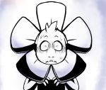  1boy asriel_dreemurr close-up comic commentary costume fangs flower_costume koalacola monochrome monster_boy scared spoilers spotlight sweating_profusely undertale what_if wide-eyed 