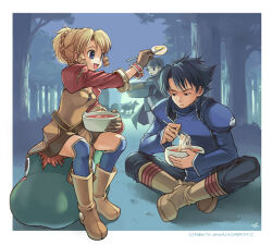  ankle_boots archived_source artist_name bad_link belt black_cape black_hair black_pants blonde_hair blue_background blue_eyes blue_shirt blue_sleeves blue_socks boots border bowl braid breasts brown_belt brown_boots brown_dress brown_gloves cape chopsticks closed_mouth collared_shirt copyright_notice copyright_request crown_braid detached_sleeves dress egg fantasy food forest frown gloves grass high_collar holding holding_bowl holding_chopsticks horse indian_style juliet_sleeves kneehighs long_sleeves looking_to_the_side medium_breasts nature noodles open_mouth outdoors outside_border pants puffy_sleeves ramen red_sleeves ringlets shirt sidelocks signature sitting sleeve_cuffs sliced_egg socks strapless strapless_dress three-quarter_sleeves tiv tongue tree wheel white_border 