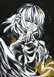  1girl black_background feathered_wings highres ikeda_ruriko kishin_sagume long_sleeves looking_at_viewer medium_hair salute single_wing touhou traditional_media two-finger_salute upper_body wings 