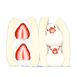  animal animal_focus bird color_connection commentary_request cream food food_focus fruit fruit_sandwich head_tilt java_sparrow lilac_(p-f_easy) looking_at_viewer no_humans on_animal original sandwich simple_background stacking strawberry strawberry_slice white_background white_bird 