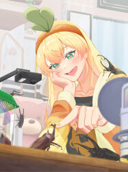  1girl black_shirt blonde_hair blurry blush bug bug_cage camera character_print collarbone commentary_request crossed_bangs depth_of_field fang green_eyes hairband hand_on_animal hand_on_own_cheek hand_on_own_face heart heart-shaped_pupils hercules_beetle highres hololive indoors jacket long_hair momosuzu_nene mu-chu nail_polish nekko_(momosuzu_nene) official_alternate_costume official_alternate_hairstyle open_mouth orange_hairband orange_jacket rhinoceros_beetle shirt sidelocks solo stag_beetle symbol-shaped_pupils virtual_youtuber yellow_nails 