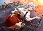  1girl afloat bow_(weapon) brown_eyes hairband japanese_clothes kantai_collection leaf long_hair maple_leaf open_mouth panties remodel_(kantai_collection) shoukaku_(kantai_collection) side-tie_panties silver_hair solo thigh-highs underwear usami_(ym1989) weapon 