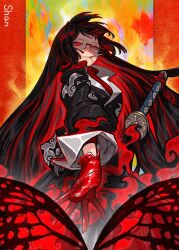  1girl artist_name black_coat black_hair blue_fire bug butterfly cigarette coat colorful_background contempt_awe_(e.g.o) e.g.o_(project_moon) fire flame_print glasses gloves green_fire jacket limbus_company long_hair long_sleeves looking_at_viewer ootachi project_moon reaching reaching_towards_viewer red_butterfly red_eyes red_fire red_gloves red_sweater ryoshu_(project_moon) shan23852196 signature smoking solo sweater sword sword_hilt turtleneck turtleneck_sweater very_long_hair weapon 