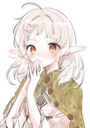  1girl ahoge capelet covering_own_mouth elf green_capelet hand_over_own_mouth highres looking_at_viewer medium_hair mushoku_tensei pointy_ears red_eyes solo spica59 sylphiette_(mushoku_tensei) white_background white_hair 