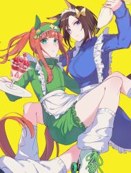  2girls absurdres adapted_costume air_groove_(umamusume) alternate_costume animal_ears apron blue_eyes blush breasts brown_hair ear_covers enmaided flat_chest food hairband highres hime_cut holding holding_pastry_bag holding_tray horse_ears horse_girl horse_tail ice_cream large_breasts long_hair looking_at_viewer loose_socks maid maid_apron maid_headdress multiple_girls orange_hair parfait pastry_bag roller_skates short_hair side_ponytail silence_suzuka_(umamusume) simple_background skates socks strawberry_parfait sugamo_(rainysnowy108) sundae tail tray umamusume white_apron yellow_background 