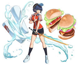  1girl baseball_cap black_hair black_nails black_socks breasts broken burger commentary cup disposable_cup earrings employee_uniform food full_body green_eyes grin hat highres holding holding_sword holding_weapon jewelry katana large_breasts lumpychan miniskirt mouth_hold original pencil_skirt sharp_teeth shoes skirt smile sneakers socks solo stud_earrings sword teeth twitter_username water weapon white_shoes wristband 
