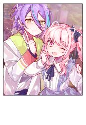  1boy 1other :3 ;d akiyama_mizuki black_bow black_ribbon blue_hair blue_skirt blurry blurry_background border bow center_frills chinese_commentary clenched_hand closed_mouth collared_shirt commentary_request day drawn_ears drawn_whiskers drill_hair drill_sidelocks finger_to_cheek frills hair_between_eyes hair_bow hand_on_another&#039;s_shoulder hand_up high_side_ponytail highres index_finger_raised jacket kamishiro_rui lamppost laylayhappy long_sleeves multicolored_hair neck_ribbon one_eye_closed open_clothes open_jacket open_mouth outdoors pink_eyes pink_hair project_sekai puffy_long_sleeves puffy_sleeves purple_hair ribbon shirt side_ponytail sidelocks skirt smile sparkle standing streaked_hair suspender_skirt suspenders swept_bangs tree two-tone_hair upper_body white_border white_jacket white_shirt yellow_eyes 