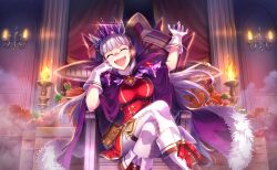  1girl ^_^ animal_ears argyle_clothes argyle_pantyhose armor artist_request belt belt_bag black_belt blue_bow blunt_bangs boots bow breasts brown_belt buttons candlestand cape carrot chain chest_belt closed_eyes collared_cape crate crossed_legs crown curtains dress ear_bow earmuffs evil_smile eyelashes feet_out_of_frame fire footwear_bow fur-trimmed_cape fur_trim game_cg gloves gold_buttons gold_ship_(that_time_i_became_the_strongest)_(umamusume) gold_ship_(umamusume) grey_hair hand_on_own_cheek hand_on_own_face high_collar horse_ears horse_girl indoors knees large_breasts laughing long_hair official_art on_throne open_mouth pantyhose pauldrons pillar purple_cape purple_crown red_bow red_dress short_dress shoulder_armor sitting sitting_on_throne smile smoke solo teeth thigh_strap umamusume upper_teeth_only v-shaped_eyebrows very_long_hair white_boots white_gloves white_pantyhose 