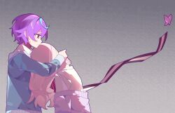  1boy 1other akiyama_mizuki backlighting blue_cardigan blue_hair bow bowtie bug butterfly cardigan cardigan_partially_removed chinese_commentary closed_mouth collared_shirt commentary_request diagonal-striped_bow diagonal-striped_bowtie diagonal-striped_clothes expressionless from_side grey_background hair_down highres hug kamishiro_rui kamiyama_high_school_uniform_(project_sekai) laylayhappy long_hair long_sleeves looking_at_another multicolored_hair pink_butterfly pink_hair profile project_sekai purple_cardigan purple_hair red_bow red_bowtie school_uniform shirt short_hair simple_background streaked_hair striped_bow striped_bowtie striped_clothes two-tone_hair upper_body white_shirt yellow_eyes 