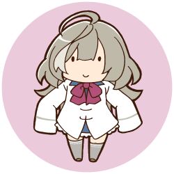  1girl ahoge arms_at_sides assault_lily asymmetrical_legwear blue_skirt bow brown_shoes chibi closed_mouth commentary_request full_body grey_hair grey_thighhighs hair_between_eyes herensuge_girls_academy_school_uniform jacket long_sleeves looking_at_viewer lowres masaki_itsuki miniskirt multicolored_hair oversized_clothes pink_background red_bow round_image sasaki_ran school_uniform shoes simple_background skirt sleeves_past_fingers sleeves_past_wrists smile solid_oval_eyes solo standing streaked_hair thigh-highs transparent_background uneven_legwear white_jacket 