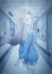  1girl absurdres arms_behind_back bandaid bandaid_on_finger bandaid_on_hand bib_collar blonde_hair blue_jacket blue_ribbon blue_shorts colored_eyelashes commentary_request crane666 earrings exit_sign feet_out_of_frame flipped_hair frilled_shirt_collar frilled_thigh_strap frills from_behind gakuen_idolmaster gradient_hair grey_eyes grey_hair hair_ornament hairclip highres holding_own_wrist hospital idolmaster indoors jacket jewelry long_hair long_sleeves looking_at_viewer looking_back multicolored_hair parted_bangs parted_lips ribbon shinosawa_hiro short_shorts shorts solo standing stud_earrings tenshi_kaiwai thigh_strap wing_hair_ornament zipper 