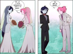  2girls adventure_time angry black_jacket black_pants black_suit bow bowtie bridal_veil brown_flower commentary dress elbow_gloves english_commentary english_text fangs flower gloves grey_shirt highres holding holding_flower jacket long_hair marceline_abadeer meme multiple_girls necktie omy-chan open_mouth pants pink_flower pink_hair pointy_ears ponytail princess_bonnibel_bubblegum purple_hair purple_necktie red_bow red_bowtie shirt short_hair someone_here_needs_to_be_butch_(meme) speech_bubble suit tuxedo vampire veil wedding_dress white_dress white_gloves white_suit wife_and_wife yuri 
