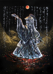  1girl chinese_clothes dalachi_(headdress) full_moon ikeda_ruriko in_water junko_(touhou) long_hair looking_to_the_side moon painting_(medium) partially_submerged red_moon solo touhou traditional_media very_long_hair water wide_sleeves 