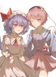  2girls ascot black_hairband blush bow closed_mouth collar collared_shirt crossed_bangs fang frilled_collar frilled_cuffs frilled_sleeves frills hair_between_eyes hairband hat hat_bow heart heart_of_string highres komeiji_satori mao_bing_ge mob_cap multiple_girls one_eye_closed parted_lips pink_hair pink_hat pink_skirt pointy_ears puffy_short_sleeves puffy_sleeves purple_hair purple_shirt red_ascot red_bow red_eyes remilia_scarlet shirt short_hair short_sleeves simple_background skirt smile third_eye touhou white_background white_shirt white_skirt wrist_cuffs 