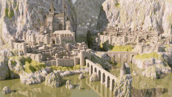  3d absurdres arch bridge building canyon city cliff commentary_request day defensive_wall fujidora_jp highres no_humans original outdoors reflection reflective_water river scenery shadow simple_bird water 