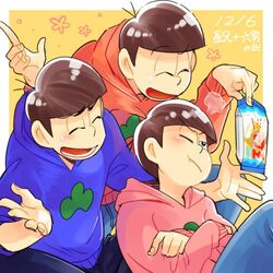  3boys anubisu-no-sinpan brothers crossed_arms dated flower_(symbol) hoodie index_finger_raised indian_style karamatsu male_focus multiple_boys one_eye_closed osomatsu-kun osomatsu-san osomatsu_(osomatsu-kun) outside_border siblings sitting sweatdrop todomatsu yellow_background 