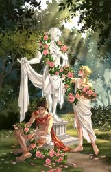  3boys alternate_costume ancient_greek_clothes barefoot basket black_hair blonde_hair bob_cut braid braided_ponytail brown_hair bruno_bucciarati flower giorno_giovanna grass greco-roman_clothes guido_mista highres jojo_no_kimyou_na_bouken light_rays long_hair male_focus multiple_boys outdoors petals pink_flower pink_rose red_scarf rose scarf sitting standing statue sunlight thehanniebunny toga topless_male tree vento_aureo 