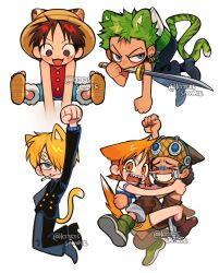  >_< 1girl 4boys animal_ears arm_up bare_shoulders black_hair black_jacket black_pants blonde_hair blue_pants blue_shorts brown_overalls cat_ears cat_tail cigarette closed_eyes commentary_request earrings goggles goggles_on_headwear green_hair haramaki hat highres holding holding_sword holding_weapon hug jacket jewelry katana ki2ri5 long_nose miniskirt monkey_d._luffy mouth_hold multiple_boys nami_(one_piece) one_piece open_mouth orange_hair overalls pants red_vest roronoa_zoro sandals sanji_(one_piece) scar scar_on_cheek scar_on_face scared sharp_teeth shirt shorts simple_background skirt straw_hat straw_hat_pirates suit_jacket sword tail tears teeth twitter_username usopp vest weapon white_background white_shirt 