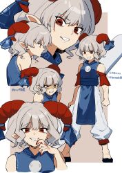  1girl absurdres adapted_costume bare_shoulders black_shoes blood blood_on_hands blue_vest commentary_request crossdressing crossdressing_(ftm) earrings expressionless from_side full_body grey_hair grin highres horizontal_pupils horn_ornament horn_ribbon horns iwakoo jewelry looking_at_viewer medium_hair no_socks pants pointy_ears red_eyes reverse_trap ribbon sharp_teeth sheep_horns shoes smile solo teeth touhou toutetsu_yuuma upper_body veins veiny_arms vest white_pants 