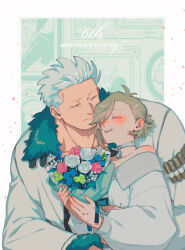  1boy 1girl absurdres anniversary asymmetrical_bangs bare_shoulders blue_flower blush border bouquet brown_eyes choker cigarette_burn closed_eyes closed_mouth collarbone commentary_request couple dog_tags facial_hair flower flower_wrapper fur-trimmed_jacket fur-trimmed_sleeves fur_trim goatee_stubble green_flower grey_hair half-closed_eyes hand_on_another&#039;s_waist happy happy_tears hetero highres holding holding_bouquet jacket kabane_(rjev8385) light_smile long_sleeves looking_at_another o-ring o-ring_choker oc_x_canon off-shoulder_shirt off_shoulder one_piece open_mouth pink_flower ponytail puffy_long_sleeves puffy_sleeves shirt short_hair short_ponytail smile smoker_(one_piece) stubble swept_bangs tearing_up tears teeth upper_body upper_teeth_only white_border white_choker white_flower white_hair white_jacket white_shirt 