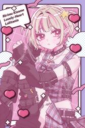 1girl arm_belt arm_strap bare_shoulders belt black_arm_warmers black_belt black_collar black_leg_warmers black_straps blunt_bangs blush chain chain_bracelet chain_necklace character_name collar collarbone colored_inner_hair crop_top cross-laced_clothes cross-laced_top ear_cuffs english_text fang feet_out_of_frame food_print fruit_print grey_hair hair_intakes hair_ornament hashtag-only_commentary heart highres jewelry kinakuma24 knees_up leg_belt leg_tattoo leg_warmers lightning_bolt_print looking_at_viewer makaino_ririmu makaino_ririmu_(6th_costume) midriff miniskirt multicolored_hair multiple_belts necklace nijisanji no_headwear no_jacket pendant pink_background pink_hair pink_skirt pink_streaks pink_theme plaid_clothes plaid_skirt pleated_skirt pointy_ears red_eyes short_hair sitting skin_fang skirt sleeveless solo speech_bubble spiked_collar spikes star_(symbol) star_hair_ornament strawberry_print streaked_hair studded_belt tattoo thigh_strap two-tone_hair two_side_up variant_set virtual_youtuber winged_heart winged_heart_tattoo wolf_cut 