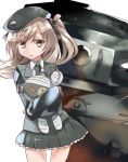  1girl akatoro_(nightlord) bandages beret black_eyes blazer cowboy_shot doll_hug girls_und_panzer hat holding military military_vehicle necktie shimada_arisu silver_hair skirt solo stuffed_animal stuffed_toy tank teddy_bear twintails vehicle white_background wind 