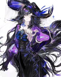  1girl absurdres alternate_costume black_dress black_gloves black_hair commentary_request cowboy_shot dress floating_hair gloves hand_up hat highres isolde_(reverse:1999) long_hair looking_at_viewer purple_sleeves reverse:1999 single_glove smile solo very_long_hair violet_eyes weiyan_(nbnbmwnl) white_background 