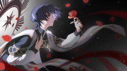  1boy alternate_costume alternate_universe black_background black_robe blue_pupils chinese_commentary christianity clerical_collar crescent cross cross_earrings cross_necklace earrings eyeliner falling_petals flower from_side genshin_impact glowing gradient_background gradient_hair hair_between_eyes hair_flowing_over hand_on_own_chest highres holding jewelry layered_clothes leaning_forward light_particles looking_ahead makeup moon multicolored_eyes multicolored_hair necklace parted_lips petals priest red_eyeliner red_flower red_petals robe rose rose_petals scaramouche_(genshin_impact) shimao141 short_hair short_sleeves single_earring solo star_(symbol) streaked_hair upper_body violet_eyes wanderer_(genshin_impact) wind 